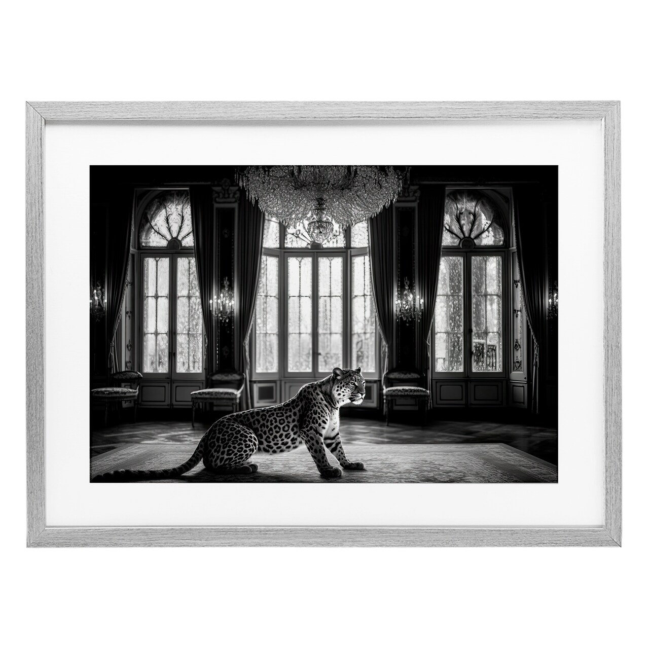 Stupell Industries Snow Leopard in Opulent Mansion Framed Print Under Glass, design by Decent Exposures